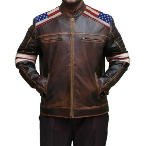 Mens American Flag Brown Leather Jacket