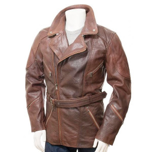 Mens Belted Brown Long Length Leather Coat