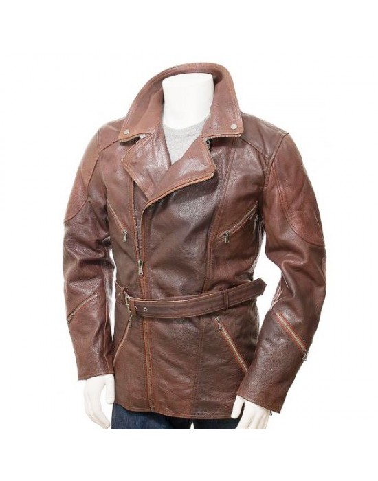 Mens Belted Brown Long Length Leather Coat