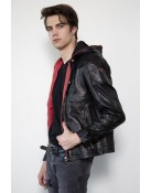 Mens Black Red Hood Leather Black Costume Jacket