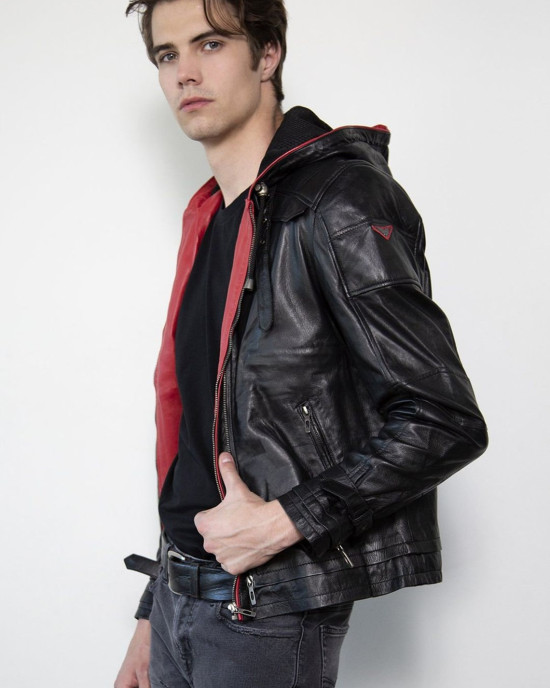 Mens Black Red Hood Leather Black Costume Jacket Mens Black Red Hood Leather Black Costume Jacket