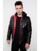 Mens Black Red Hood Leather Black Costume Jacket