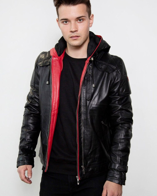 Mens Black Red Hood Leather Black Costume Jacket Mens Black Red Hood Leather Black Costume Jacket