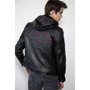 Mens Black Red Hood Leather Black Costume Jacket 