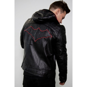 Mens Black Red Hood Leather Black Costume Jacket 