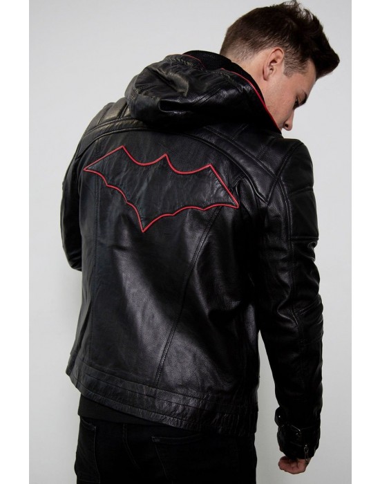 Mens Black Red Hood Leather Black Costume Jacket