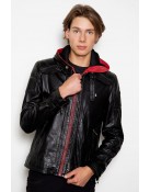 Mens Black Red Hood Leather Black Costume Jacket