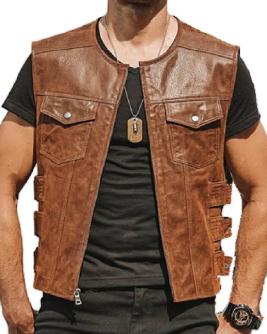 Mens Brown Round Neck Leather Vest Mens Brown Round Neck Leather Vest