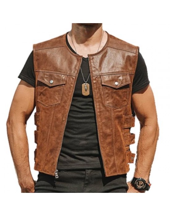 Mens Brown Round Neck Leather Vest