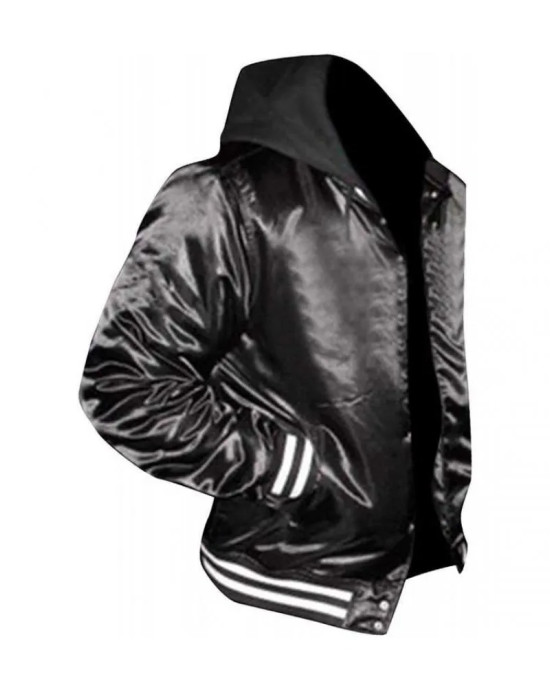 Mens Casual Black Bomber Satin Hooded Varsity Jacket Mens Casual Black Bomber Satin Hooded Varsity Jacket