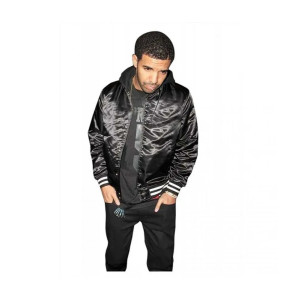 Mens Casual Black Bomber Satin Hooded Varsity Jacket