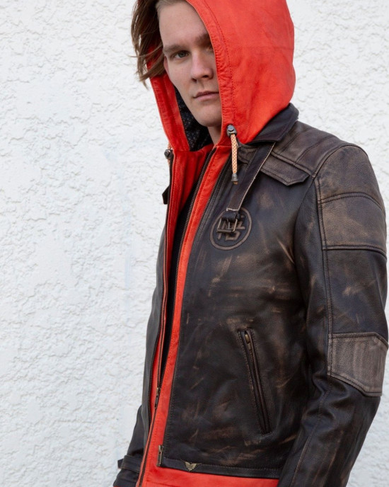Mens Goku Orange Hood Brown Leather Costume Jacket Mens Goku Orange Hood Brown Leather Costume Jacket
