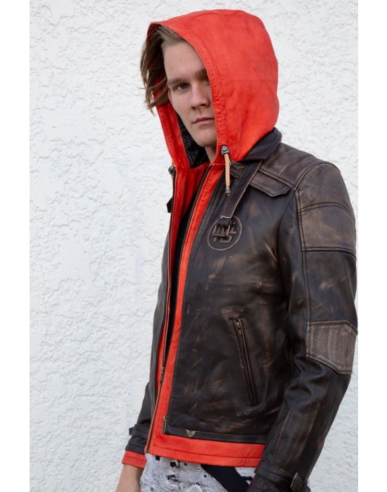 Mens Goku Orange Hood Brown Leather Costume Jacket