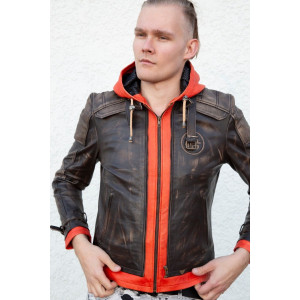Mens Goku Orange Hood Brown Leather Costume Jacket