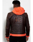 Mens Goku Orange Hood Brown Leather Costume Jacket