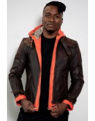 Mens Goku Orange Hood Brown Leather Costume Jacket