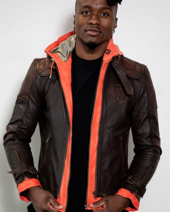 Mens Goku Orange Hood Brown Leather Costume Jacket Mens Goku Orange Hood Brown Leather Costume Jacket