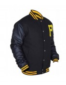 Mens Pittsburgh Pirates P Logo Baseball Majestic Varsity Black Letterman Bomber Jacket