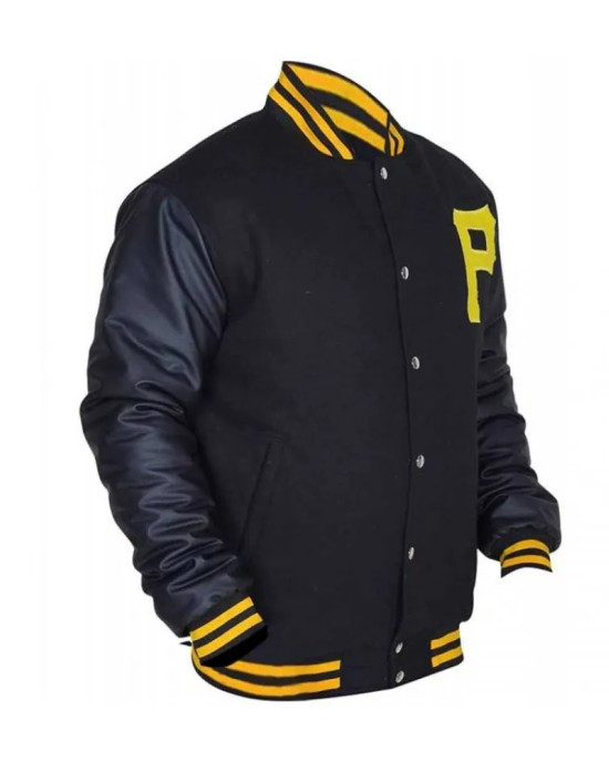 Mens Pittsburgh Pirates P Logo Baseball Majestic Varsity Black Letterman Bomber Jacket