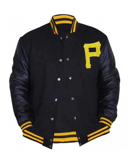 Mens Pittsburgh Pirates P Logo Baseball Majestic Varsity Black Letterman Bomber Jacket Mens Pittsburgh Pirates P Logo Baseball Majestic Varsity Black Letterman Bomber Jacket