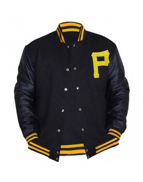 Mens Pittsburgh Pirates P Logo Baseball Majestic Varsity Black Letterman Bomber Jacket