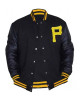 Mens Pittsburgh Pirates P Logo Baseball Majestic Varsity Black Letterman Bomber Jacket Mens Pittsburgh Pirates P Logo Baseball Majestic Varsity Black Letterman Bomber Jacket