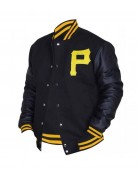 Mens Pittsburgh Pirates P Logo Baseball Majestic Varsity Black Letterman Bomber Jacket