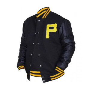 Mens Pittsburgh Pirates P Logo Baseball Majestic Varsity Black Letterman Bomber Jacket