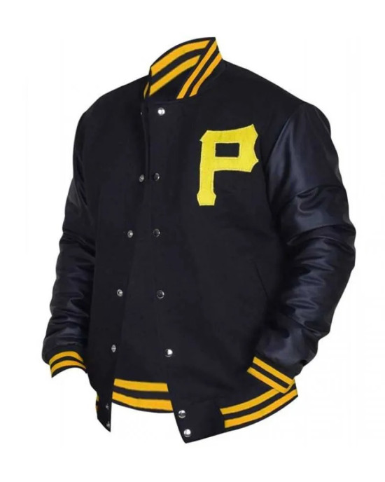 Mens Pittsburgh Pirates P Logo Baseball Majestic Varsity Black Letterman Bomber Jacket Mens Pittsburgh Pirates P Logo Baseball Majestic Varsity Black Letterman Bomber Jacket