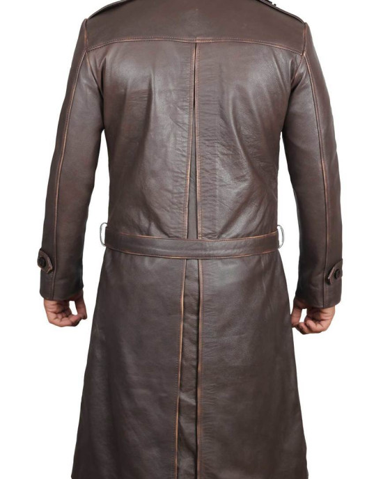 Mens Rorschach Distressed Brown Travelling Winter Long Trench Leather Coat Mens Rorschach Distressed Brown Travelling Winter Long Trench Leather Coat
