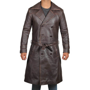 Mens Rorschach Distressed Brown Travelling Winter Long Trench Leather Coat