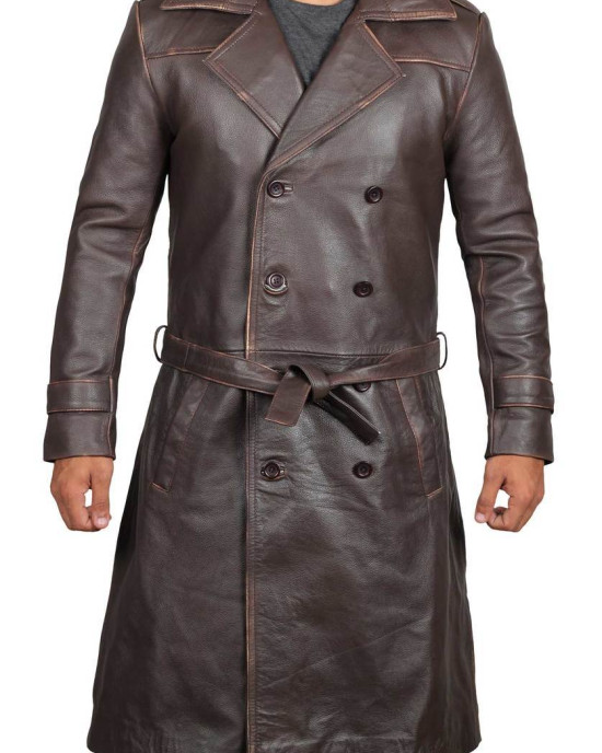 Mens Rorschach Distressed Brown Travelling Winter Long Trench Leather Coat Mens Rorschach Distressed Brown Travelling Winter Long Trench Leather Coat