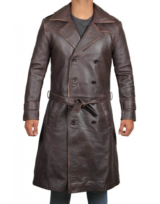 Mens Rorschach Distressed Brown Travelling Winter Long Trench Leather Coat