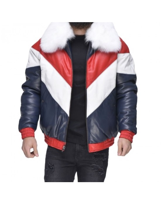 Mens V-Bomber Leather Jacket