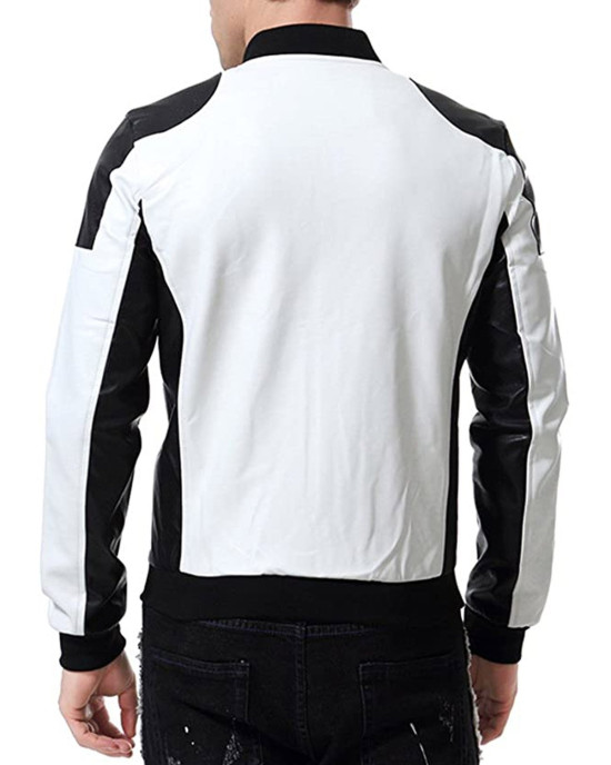 Men’s Black and White Leather Biker Bomber Jacket Men’s Black and White Leather Biker Bomber Jacket