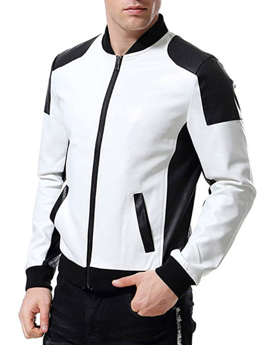 Men’s Black and White Leather Biker Bomber Jacket Men’s Black and White Leather Biker Bomber Jacket