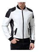 Men’s Black and White Leather Biker Bomber Jacket