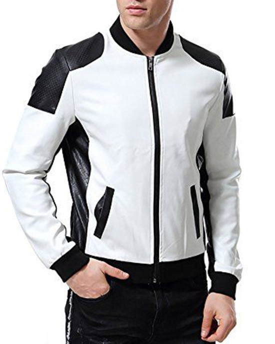 Men’s Black and White Leather Biker Bomber Jacket Men’s Black and White Leather Biker Bomber Jacket