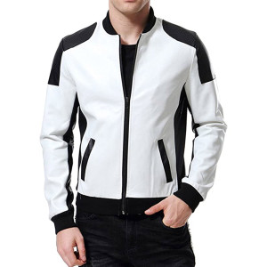 Men’s Black and White Leather Biker Bomber Jacket