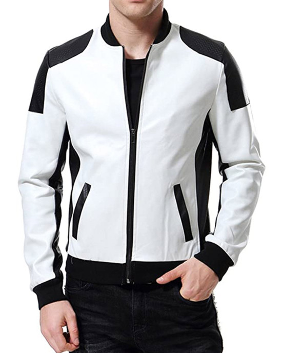 Men’s Black and White Leather Biker Bomber Jacket Men’s Black and White Leather Biker Bomber Jacket