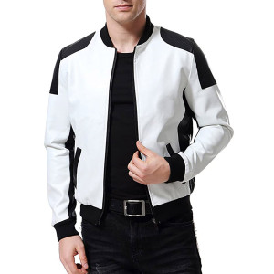 Men’s Black and White Leather Biker Bomber Jacket
