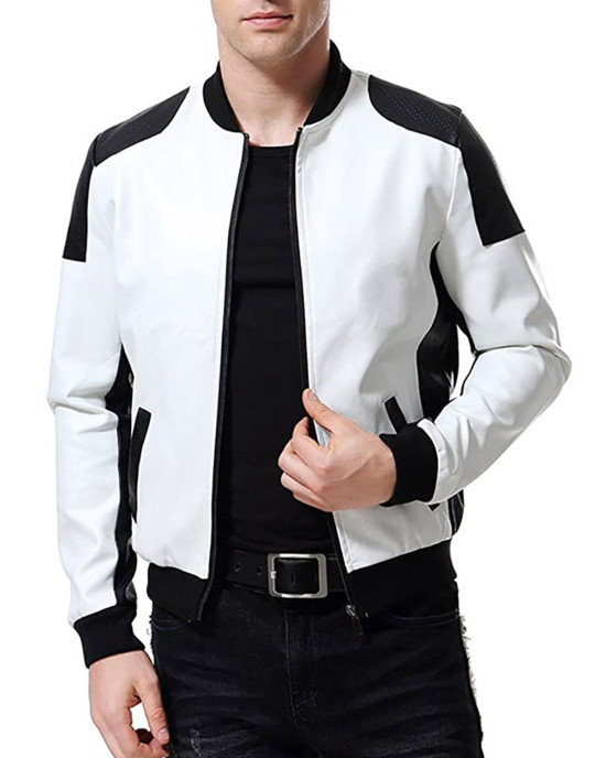 Men’s Black and White Leather Biker Bomber Jacket Men’s Black and White Leather Biker Bomber Jacket