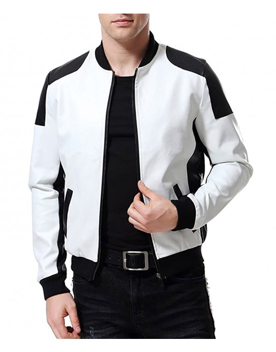 Men’s Black and White Leather Biker Bomber Jacket