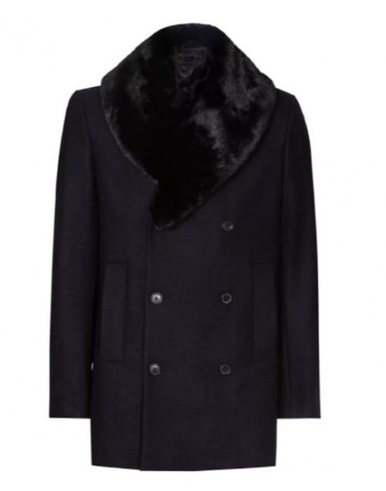 Men’s Blue Peacoat with Faux Fur Trimmed