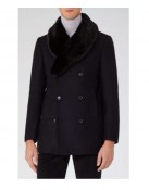 Men’s Blue Peacoat with Faux Fur Trimmed