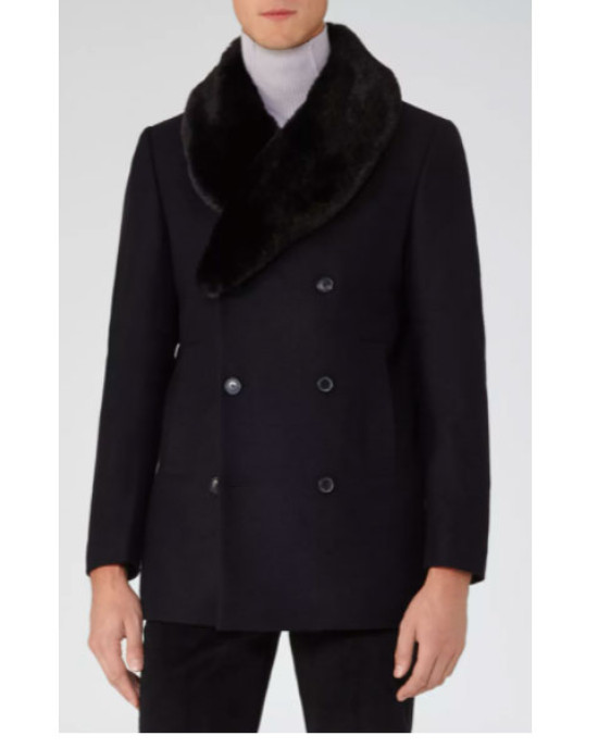 Men’s Blue Peacoat with Faux Fur Trimmed Men’s Blue Peacoat with Faux Fur Trimmed
