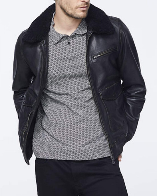 Men’s Bomber Black Jacket with Sherpa Collar Men’s Bomber Black Jacket with Sherpa Collar