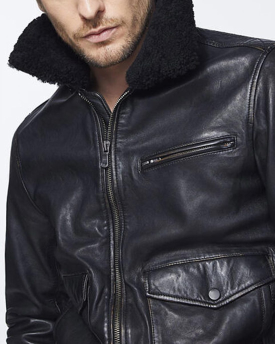 Men’s Bomber Black Jacket with Sherpa Collar Men’s Bomber Black Jacket with Sherpa Collar