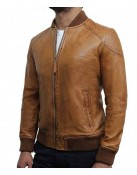 Men’s Brown Waxed Real Leather Tan Bomber Leather Jacket