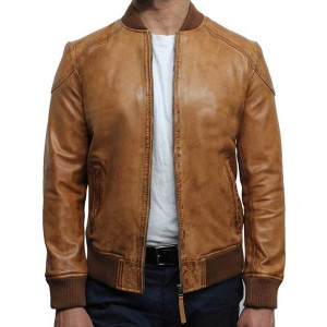 Men’s Brown Waxed Real Leather Tan Bomber Leather Jacket